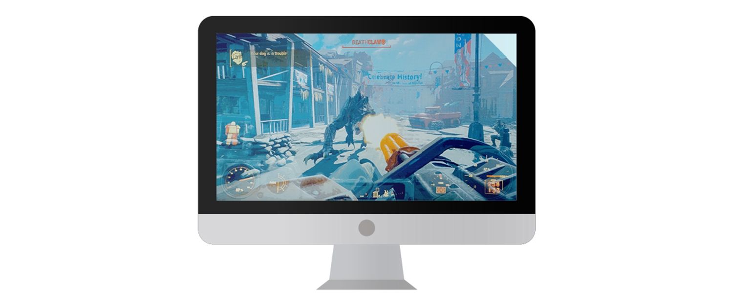Mac computer monitor with a video game featured on the screen.