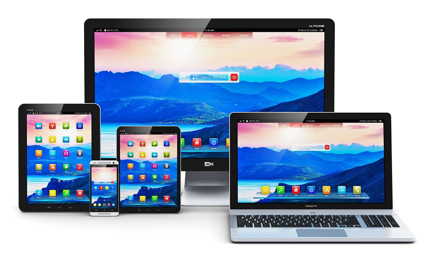Desktop computer, laptop, tablet and phone